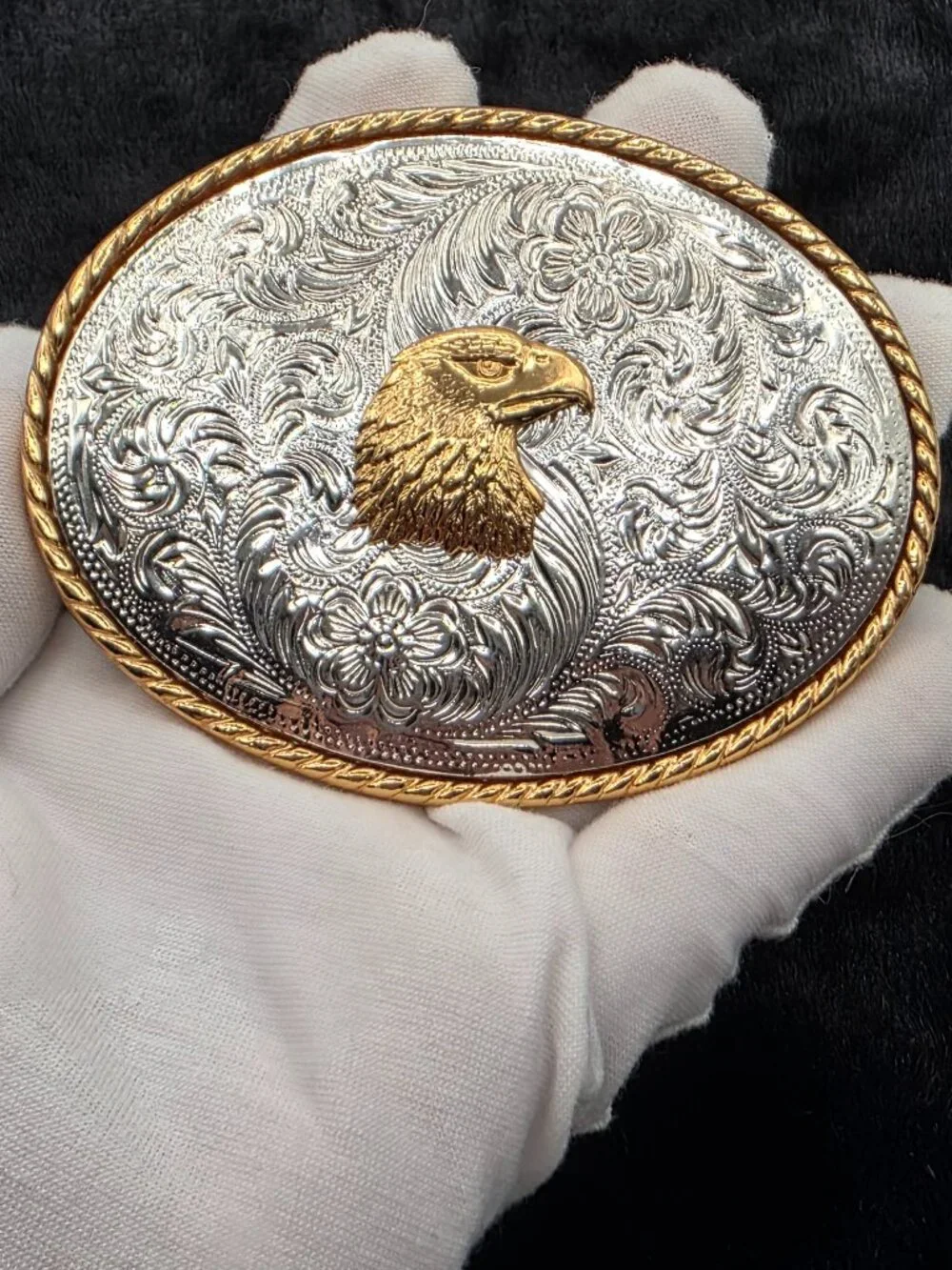 Vintage IVAN Belt Buckle Western Eagle Floral Engraved Silver Gold Tone Oval